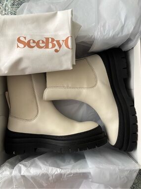 See By Chloe Cream Leather Ankle Boots with Black Lug Sole